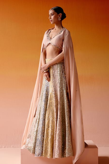 Shop Twenty Nine Multi Color Tissue Beads, Mirrors, Tassels V-neck Block Embellished Lehenga Set Online at Aza Fashions Shop_Twenty Nine_Multi Color Tissue Beads, Mirrors, Tassels V-neck Block Embellished Lehenga Set _Online_at_Aza_Fashions