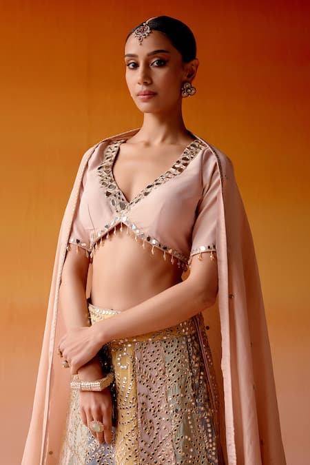 Twenty Nine Multi Color Tissue Beads, Mirrors, Tassels V-neck Block Embellished Lehenga Set at Aza Fashions Twenty Nine_Multi Color Tissue Beads, Mirrors, Tassels V-neck Block Embellished Lehenga Set _at_Aza_Fashions