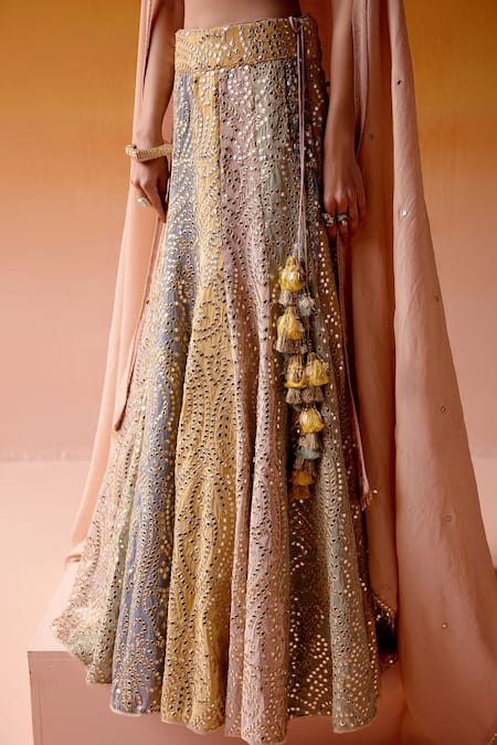 Buy Twenty Nine Multi Color Tissue Beads, Mirrors, Tassels V-neck Block Embellished Lehenga Set Buy_Twenty Nine_Multi Color Tissue Beads, Mirrors, Tassels V-neck Block Embellished Lehenga Set