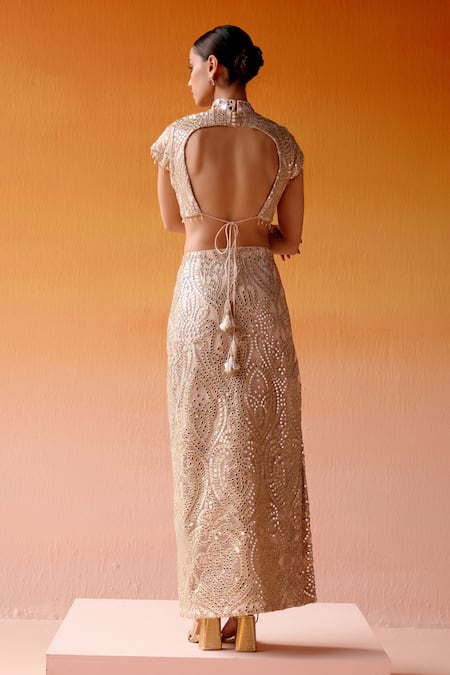 Shop Twenty Nine Pink Net Beads, Mirrors High Neck Side Slit Embellished Skirt And Blouse Set at Aza Fashions Shop_Twenty Nine_Pink Net Beads, Mirrors High Neck Side Slit Embellished Skirt And Blouse Set _at_Aza_Fashions