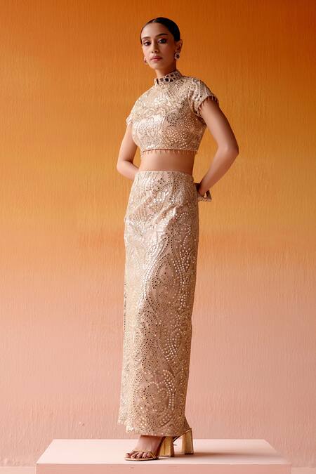 Twenty Nine Pink Net Beads, Mirrors High Neck Side Slit Embellished Skirt And Blouse Set Online at Aza Fashions Twenty Nine_Pink Net Beads, Mirrors High Neck Side Slit Embellished Skirt And Blouse Set _Online_at_Aza_Fashions