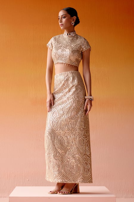 Buy Twenty Nine Pink Net Beads, Mirrors High Neck Side Slit Embellished Skirt And Blouse Set Online at Aza Fashions Buy_Twenty Nine_Pink Net Beads, Mirrors High Neck Side Slit Embellished Skirt And Blouse Set _Online_at_Aza_Fashions