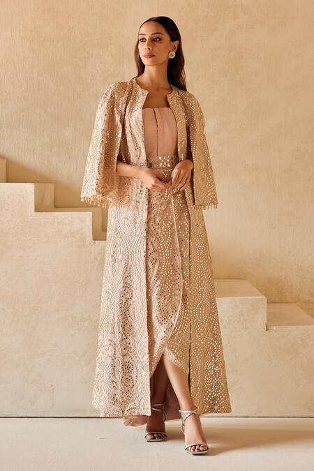 Twenty Nine_Pink Tissue Mirrors Open Neck Long Overlap Embellished Skirt Set _Online_at_Aza_Fashions