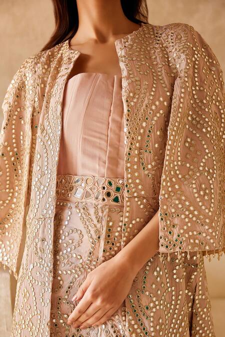 Buy_Twenty Nine_Pink Tissue Mirrors Open Neck Long Overlap Embellished Skirt Set _Online_at_Aza_Fashions