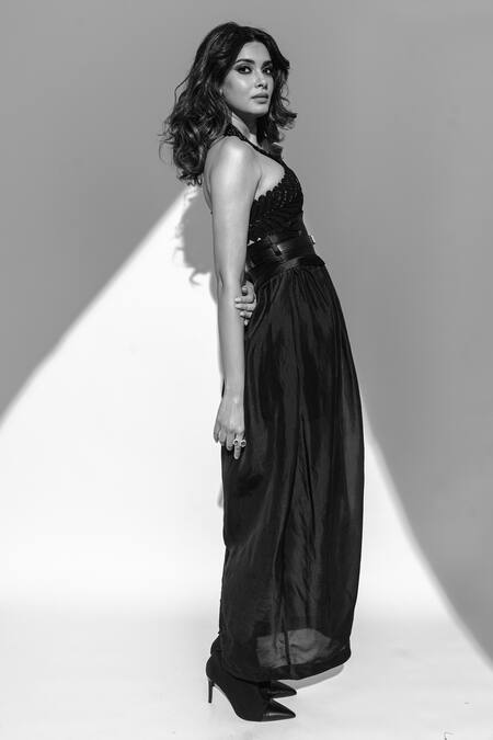 Pankaj & Nidhi_Black Organza, Silk Mayan Goddess Embellished Harness Crop Top With Cocoon Skirt _at_Aza_Fashions