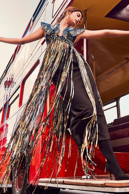 Pankaj & Nidhi_Blue Wool, Crepe Fringe Halter Neck Staccato Samurai Jacket Skirt Set _at_Aza_Fashions