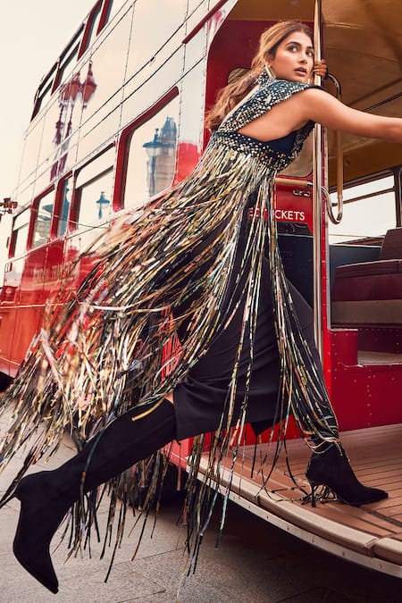 Buy_Pankaj & Nidhi_Blue Wool, Crepe Fringe Halter Neck Staccato Samurai Jacket Skirt Set 