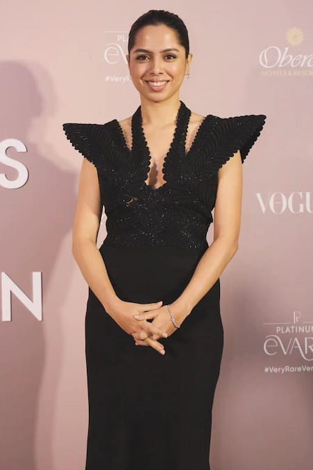 Pankaj & Nidhi_Gold Satin, Suede Cut Work, Wing Sleeves Encrusted Harness Top With Skirt _at_Aza_Fashions