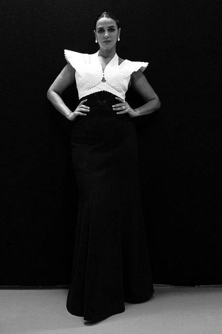 Buy_Pankaj & Nidhi_Gold Satin, Suede Cut Work, Wing Sleeves Encrusted Harness Top With Skirt 