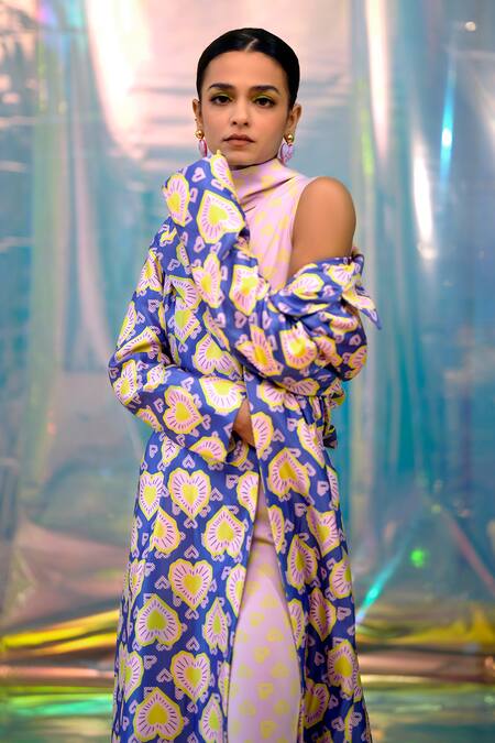 Papa Don't Preach Pret_Pink Satin Round , Open Pac Street Girl Print Catsuit With Jacket _Online_at_Aza_Fashions