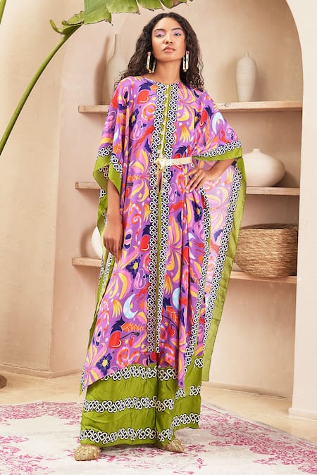 Papa Don't Preach Pret Purple Crepe Print Jungle Round Neck Sylvia Kaftan With Pant 