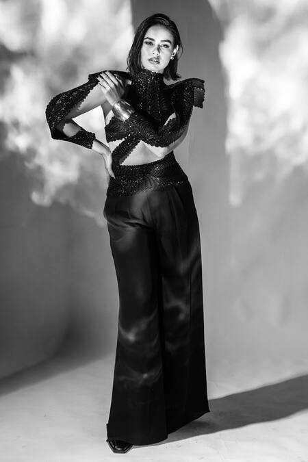 Pankaj & Nidhi_Black Silk Organza, Satin High Neck Noire Encrusted Pourpoint Cord Work Harness _at_Aza_Fashions