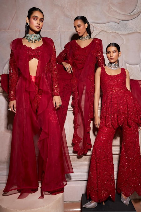 Ridhima Bhasin_Red Satin, Organza Cut Work, Floral Cutwork Embellished Jacket And Flared Pant Set _Online_at_Aza_Fashions