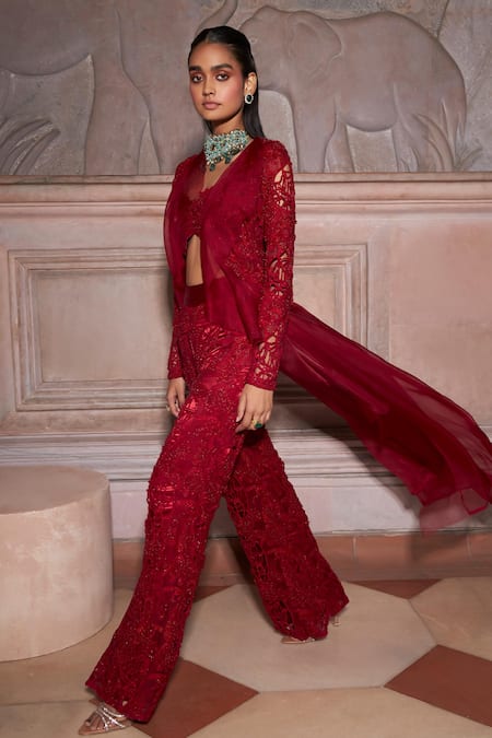 Buy_Ridhima Bhasin_Red Satin, Organza Cut Work, Floral Cutwork Embellished Jacket And Flared Pant Set _Online_at_Aza_Fashions