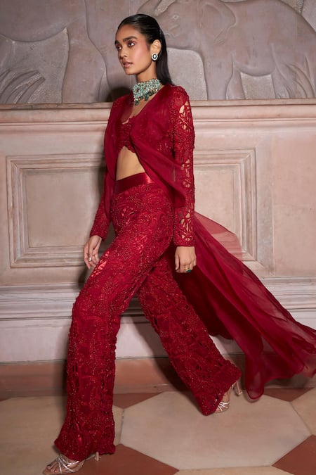 Shop_Ridhima Bhasin_Red Satin, Organza Cut Work, Floral Cutwork Embellished Jacket And Flared Pant Set _Online_at_Aza_Fashions