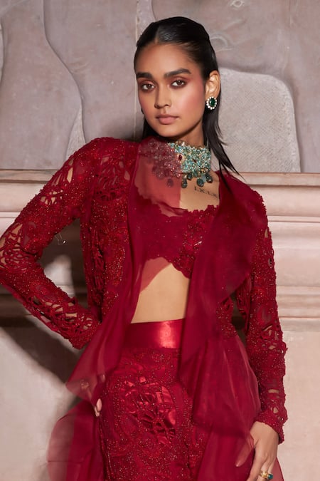 Ridhima Bhasin_Red Satin, Organza Cut Work, Floral Cutwork Embellished Jacket And Flared Pant Set _at_Aza_Fashions