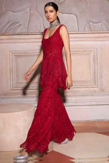 Shop Ridhima Bhasin Red Net Beads, Sequins, Garnet Scallop Embroidered Peplum Kurta And Sharara Set Online at Aza Fashions Shop_Ridhima Bhasin_Red Net Beads, Sequins, Garnet Scallop Embroidered Peplum Kurta And Sharara Set _Online_at_Aza_Fashions