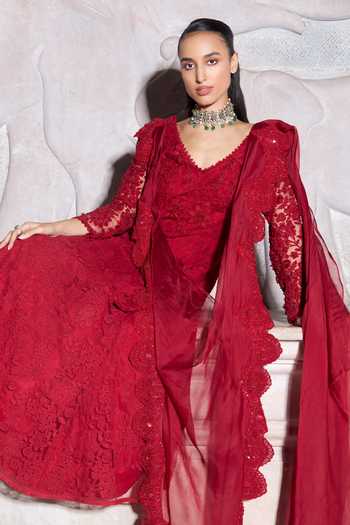 Ridhima Bhasin_Red Net, Organza Beads, Sequins, Cut Irina 3d Floral Embellished Draped Anarkali _Online_at_Aza_Fashions
