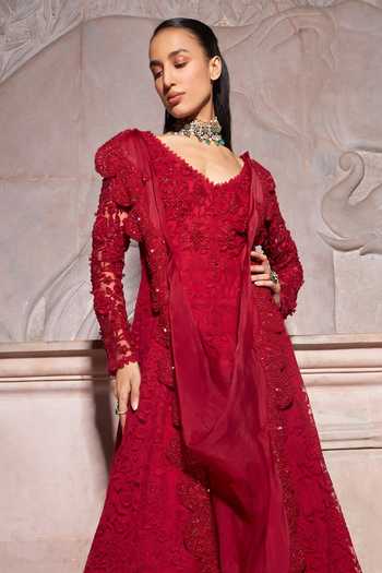 Shop_Ridhima Bhasin_Red Net, Organza Beads, Sequins, Cut Irina 3d Floral Embellished Draped Anarkali _Online_at_Aza_Fashions