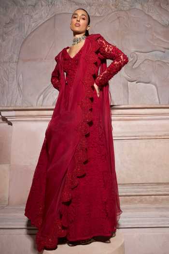 Ridhima Bhasin_Red Net, Organza Beads, Sequins, Cut Irina 3d Floral Embellished Draped Anarkali _at_Aza_Fashions