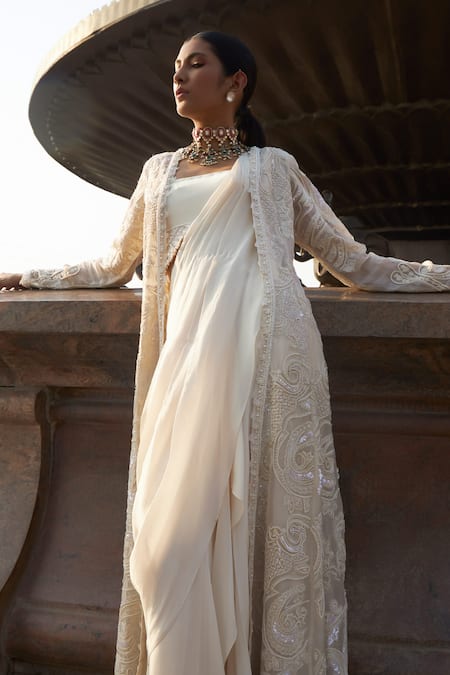 Ridhima Bhasin_Ivory Organza Embroidery Pearl Ewaaz Pre-draped Saree Set With Jacket  _Online_at_Aza_Fashions
