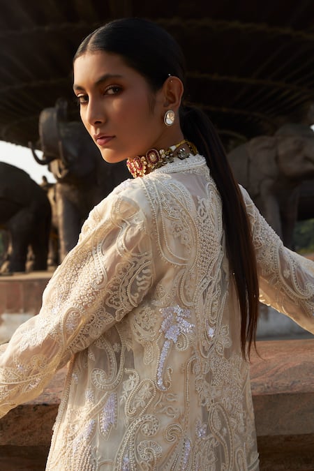 Shop_Ridhima Bhasin_Ivory Organza Embroidery Pearl Ewaaz Pre-draped Saree Set With Jacket  _Online_at_Aza_Fashions