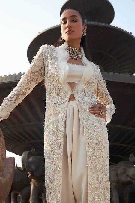 Ridhima Bhasin_Ivory Crepe, Organza Pearls Square Neck, Zenaia Work Ruffle Jacket Pant Set _Online_at_Aza_Fashions