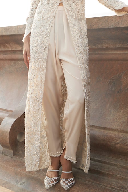 Buy_Ridhima Bhasin_Ivory Crepe, Organza Pearls Square Neck, Zenaia Work Ruffle Jacket Pant Set _Online_at_Aza_Fashions