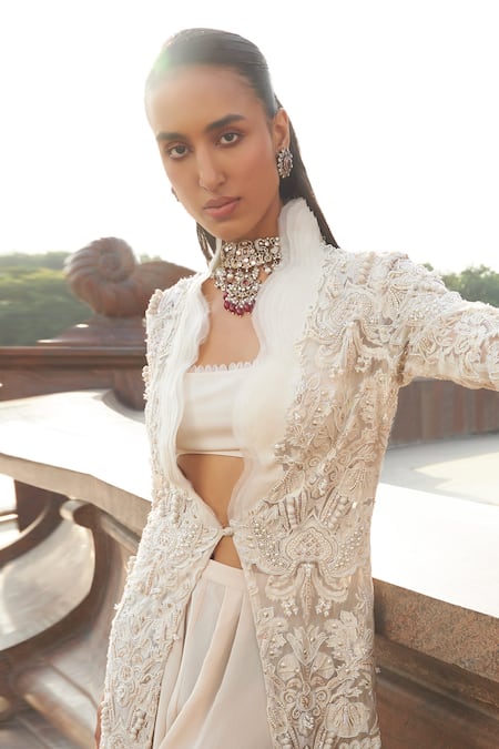 Shop_Ridhima Bhasin_Ivory Crepe, Organza Pearls Square Neck, Zenaia Work Ruffle Jacket Pant Set _Online_at_Aza_Fashions