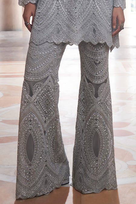 Shop Ridhima Bhasin Grey Net Embellished Sequin Dahlia Geometric Top And Flared Pant Set Online at Aza Fashions Shop_Ridhima Bhasin_Grey Net Embellished Sequin Dahlia Geometric Top And Flared Pant Set _Online_at_Aza_Fashions