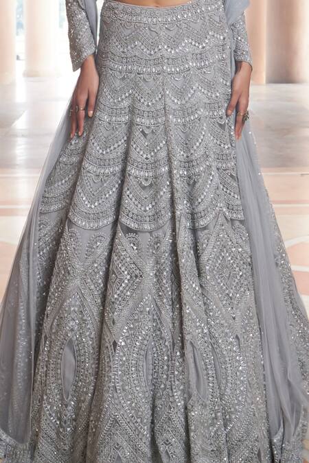 Ridhima Bhasin_Grey Pure Organza Embroidery Sequin U Zreh Chevron Bridal Lehenga Set  _Online_at_Aza_Fashions