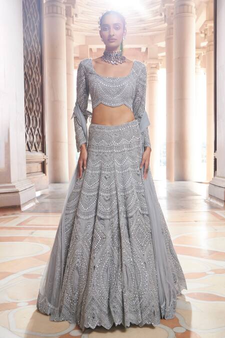 Buy_Ridhima Bhasin_Grey Pure Organza Embroidery Sequin U Zreh Chevron Bridal Lehenga Set  