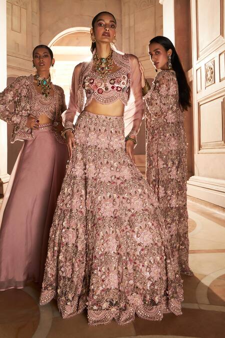 Buy Ridhima Bhasin Pink Organza, Net, Silk Anaya Floral Applique Embellished Bridal Lehenga Set Buy_Ridhima Bhasin_Pink Organza, Net, Silk Anaya Floral Applique Embellished Bridal Lehenga Set