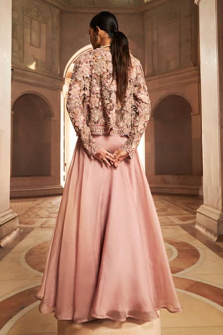 Shop Ridhima Bhasin Pink Chiffon, Organza Inayat Floral Applique Embellished Jacket Skirt Set at Aza Fashions Shop_Ridhima Bhasin_Pink Chiffon, Organza Inayat Floral Applique Embellished Jacket Skirt Set _at_Aza_Fashions