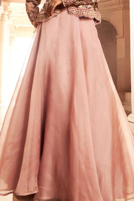 Ridhima Bhasin Pink Chiffon, Organza Inayat Floral Applique Embellished Jacket Skirt Set Online at Aza Fashions Ridhima Bhasin_Pink Chiffon, Organza Inayat Floral Applique Embellished Jacket Skirt Set _Online_at_Aza_Fashions