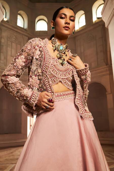 Buy Ridhima Bhasin Pink Chiffon, Organza Inayat Floral Applique Embellished Jacket Skirt Set Online at Aza Fashions Buy_Ridhima Bhasin_Pink Chiffon, Organza Inayat Floral Applique Embellished Jacket Skirt Set _Online_at_Aza_Fashions