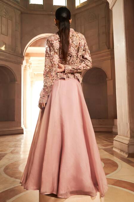 Shop Ridhima Bhasin Pink Chiffon, Organza Inayat Floral Applique Embellished Jacket Skirt Set Online at Aza Fashions Shop_Ridhima Bhasin_Pink Chiffon, Organza Inayat Floral Applique Embellished Jacket Skirt Set _Online_at_Aza_Fashions