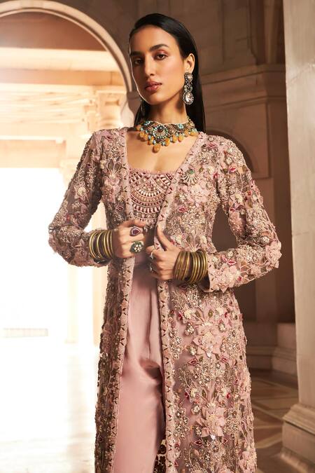 Ridhima Bhasin_Pink Organza Sequins, Pearls, Cut Rabia 3d Floral Embellished Jacket Pant Set _Online_at_Aza_Fashions