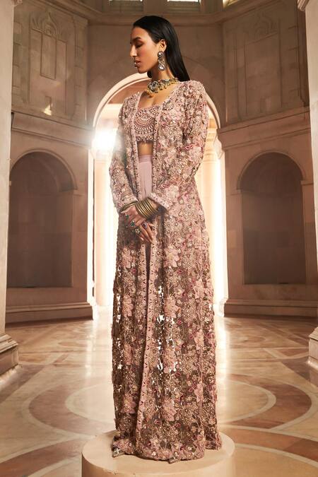 Buy_Ridhima Bhasin_Pink Organza Sequins, Pearls, Cut Rabia 3d Floral Embellished Jacket Pant Set _Online_at_Aza_Fashions