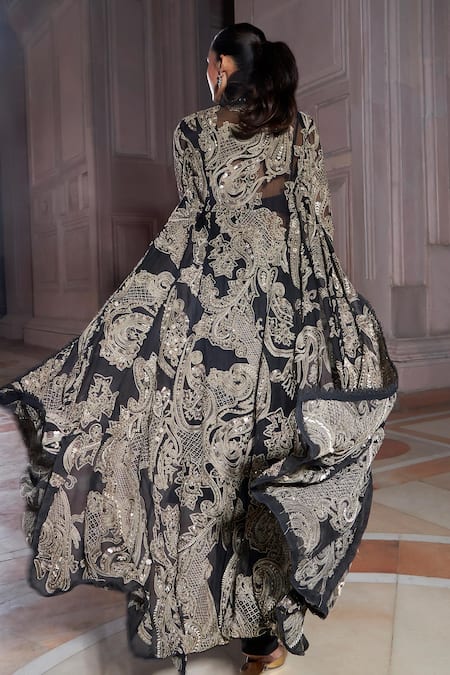 Shop Ridhima Bhasin Black Organza, Chiffon Gulbaag Scallop Bordered Pre-draped Saree Set With Jacket at Aza Fashions Shop_Ridhima Bhasin_Black Organza, Chiffon Gulbaag Scallop Bordered Pre-draped Saree Set With Jacket _at_Aza_Fashions