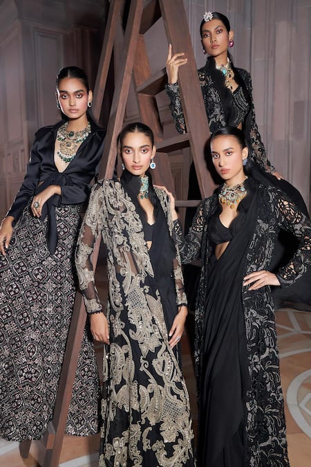 Ridhima Bhasin Black Organza, Chiffon Gulbaag Scallop Bordered Pre-draped Saree Set With Jacket Online at Aza Fashions Ridhima Bhasin_Black Organza, Chiffon Gulbaag Scallop Bordered Pre-draped Saree Set With Jacket _Online_at_Aza_Fashions