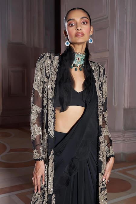 Buy Ridhima Bhasin Black Organza, Chiffon Gulbaag Scallop Bordered Pre-draped Saree Set With Jacket Online at Aza Fashions Buy_Ridhima Bhasin_Black Organza, Chiffon Gulbaag Scallop Bordered Pre-draped Saree Set With Jacket _Online_at_Aza_Fashions
