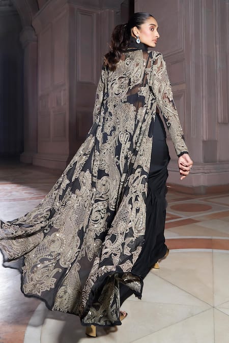 Shop Ridhima Bhasin Black Organza, Chiffon Gulbaag Scallop Bordered Pre-draped Saree Set With Jacket Online at Aza Fashions Shop_Ridhima Bhasin_Black Organza, Chiffon Gulbaag Scallop Bordered Pre-draped Saree Set With Jacket _Online_at_Aza_Fashions