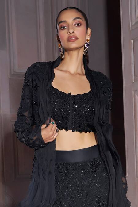 Buy_Ridhima Bhasin_Black Net, Organza Pearls, Zari Round Neck Zorah Embellished Jacket And Pant Set _Online_at_Aza_Fashions