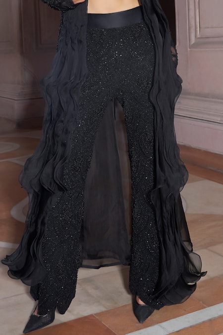 Shop_Ridhima Bhasin_Black Net, Organza Pearls, Zari Round Neck Zorah Embellished Jacket And Pant Set _Online_at_Aza_Fashions