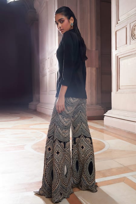 Shop Ridhima Bhasin Black Crepe Embellished Bead Soraya Tailored Blazer And Palazzo Set at Aza Fashions Shop_Ridhima Bhasin_Black Crepe Embellished Bead Soraya Tailored Blazer And Palazzo Set _at_Aza_Fashions