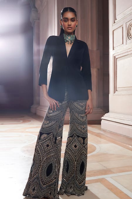 Shop Ridhima Bhasin Black Crepe Embellished Bead Soraya Tailored Blazer And Palazzo Set Online at Aza Fashions Shop_Ridhima Bhasin_Black Crepe Embellished Bead Soraya Tailored Blazer And Palazzo Set _Online_at_Aza_Fashions