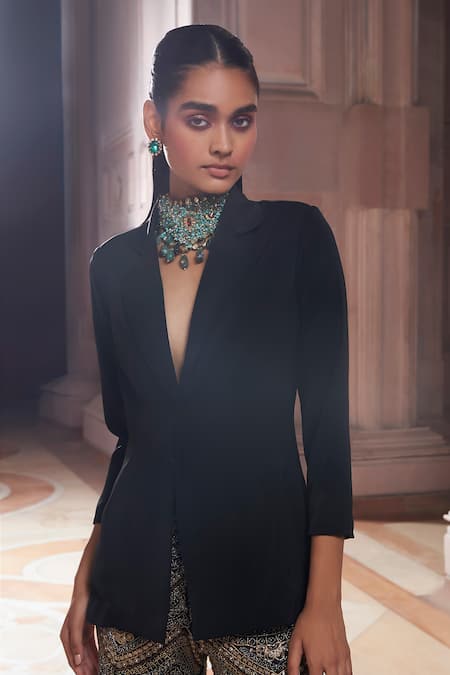 Ridhima Bhasin Black Crepe Embellished Bead Soraya Tailored Blazer And Palazzo Set at Aza Fashions Ridhima Bhasin_Black Crepe Embellished Bead Soraya Tailored Blazer And Palazzo Set _at_Aza_Fashions