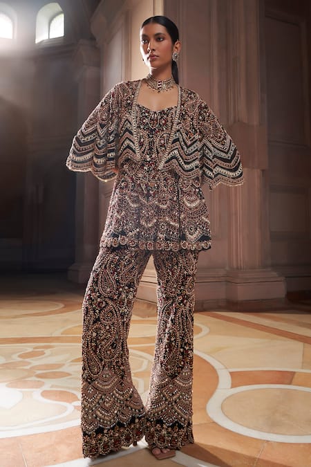 Buy_Ridhima Bhasin_Black Chiffon, Organza Sequins Sweetheart Maysa Embellished Cape Flared Pant Set _Online_at_Aza_Fashions