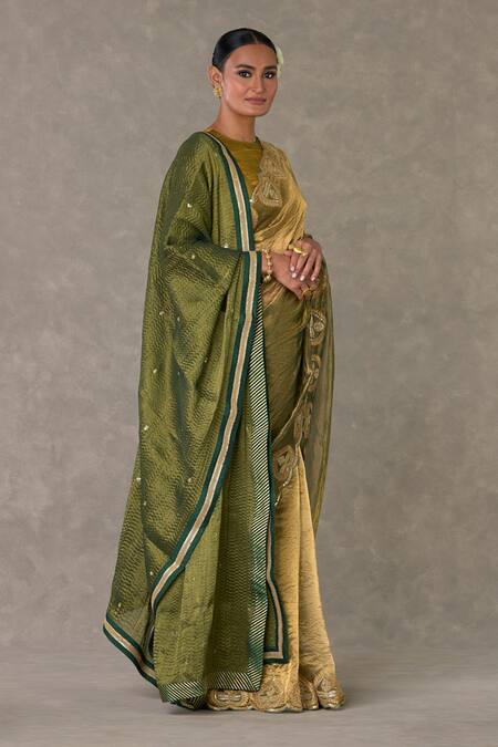 Masaba_Green Saree And Blouse Tissue Printed Paan Bordered Set With Unstitched Piece_Online_at_Aza_Fashions